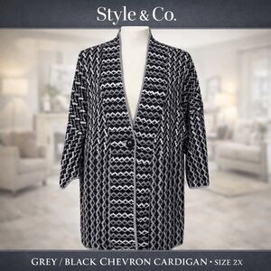 Style & Co. Grey/Black Chevron Pattern One button Cardigan NWT- M